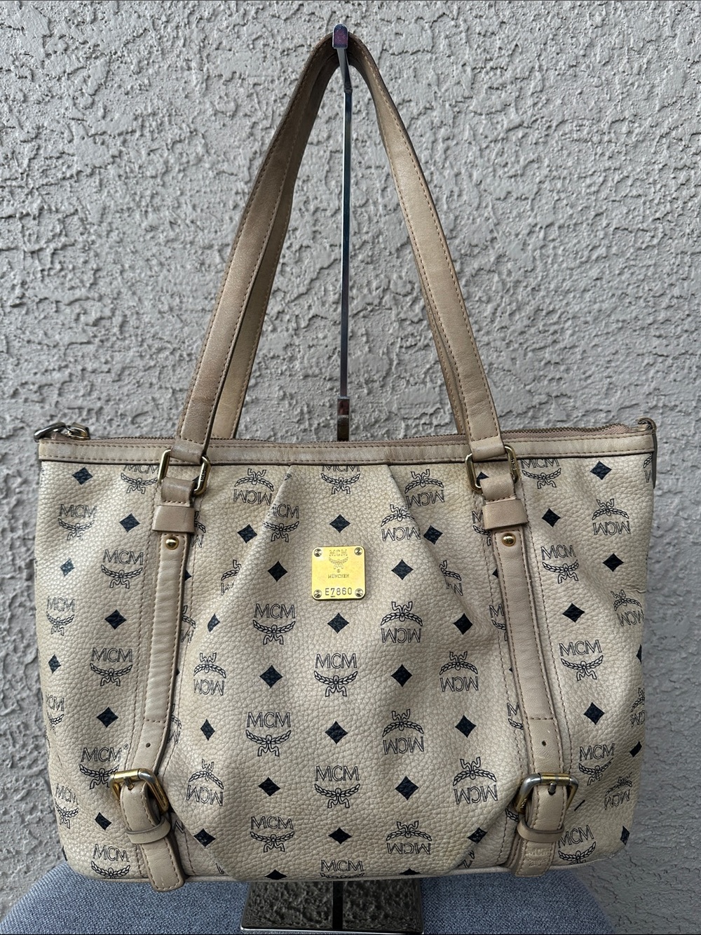 MCM Cream Tote with Leather Straps and Metal Accents